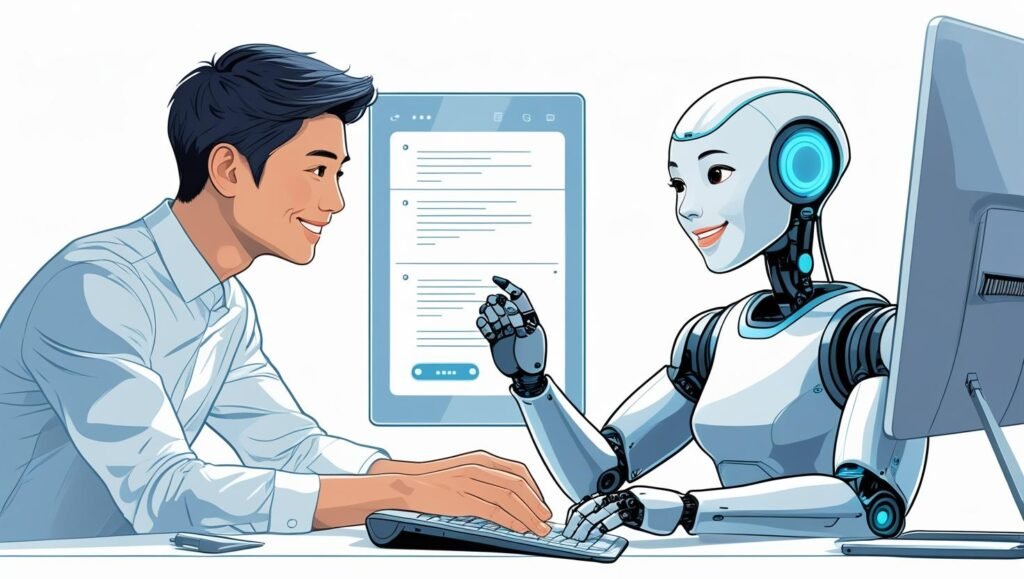 An AI robot assistant helping a person write emails and create documents on a computer — friendly and professional illustration.