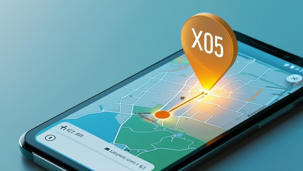 Android emergency SOS screen with location sharing enabled, GPS pin glowing on map, power button icon with “x5” symbol, clean and modern design, safety concept, 2025 style.