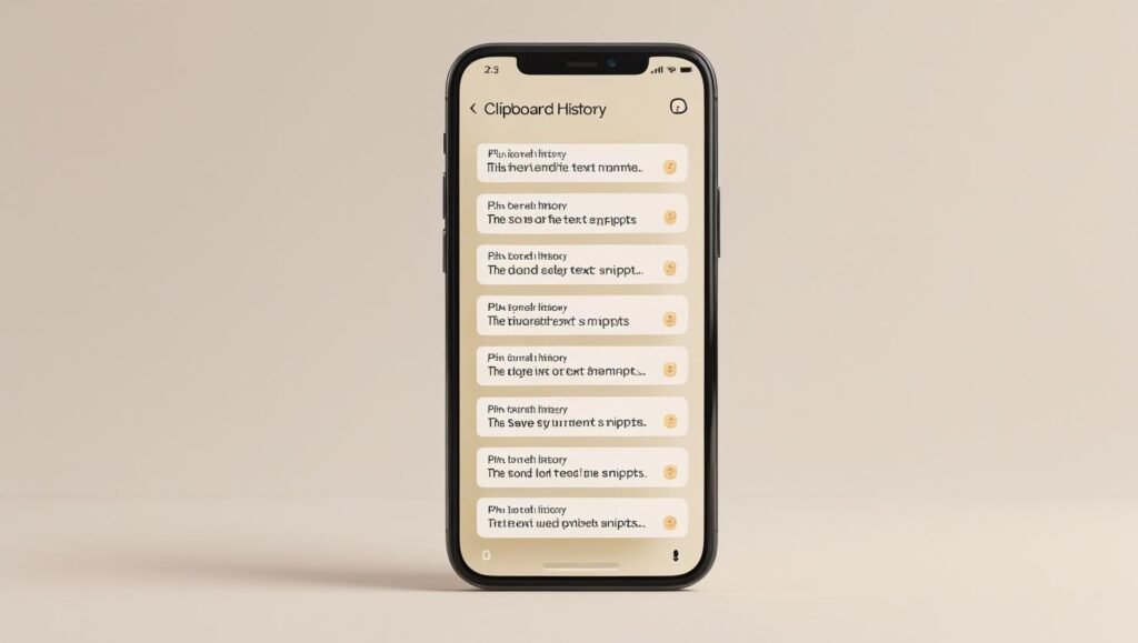 Android phone showing clipboard history with multiple copied texts in a pop-up menu, option to pin text snippets, modern flat UI, light background, 2025 style.