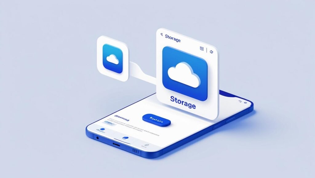 Android phone storage settings showing an archived app icon, cloud symbol, and “Restore” button, minimalistic flat design, blue and white tones, futuristic 2025 interface.