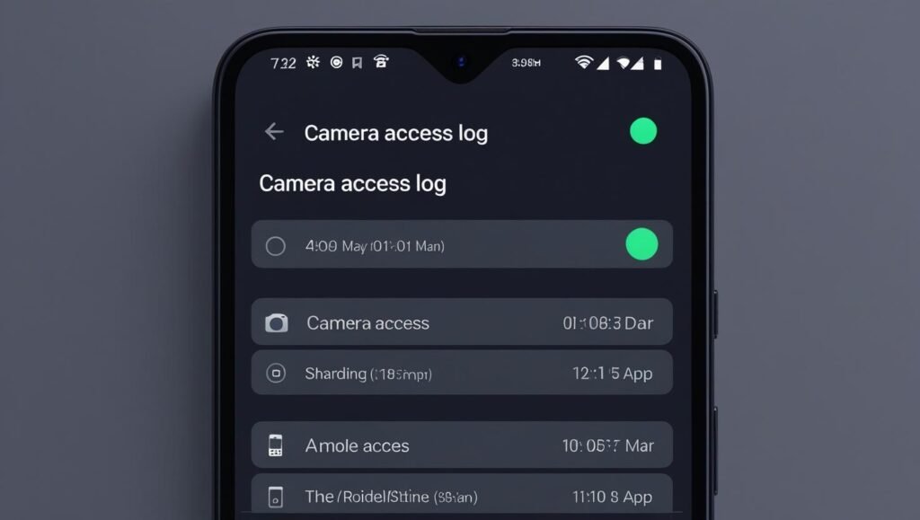 Android settings screen showing camera access log with timestamps, green camera indicator dot, privacy and security theme, dark mode clean UI, 2025 style.