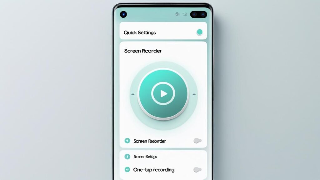 Android smartphone quick settings panel with screen recorder icon highlighted, one-tap recording concept, clean UI design, modern and flat Android 2025 style.
