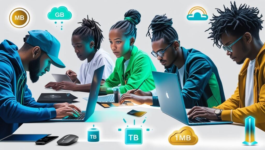 Collage of tech professionals, students, gamers, and freelancers working on computers, with floating icons of MB, GB, and TB, cloud storage symbols, futuristic 2025 theme.