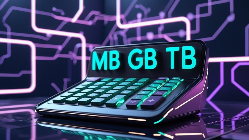 High-quality 3D illustration of a futuristic calculator with MB, GB, TB letters glowing, tech-style background, modern and sleek look.