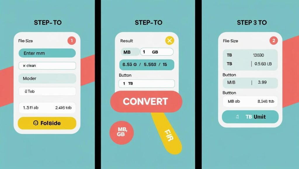 Infographic style step-by-step guide showing entering file size, clicking convert, and displaying MB, GB, TB results, clean UI design, bright modern colors.