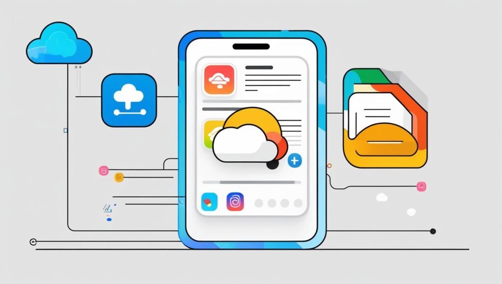 Minimal modern illustration of cloud storage, file compression icon, and a smartphone cleaning up unused apps, colorful flat vector design.
