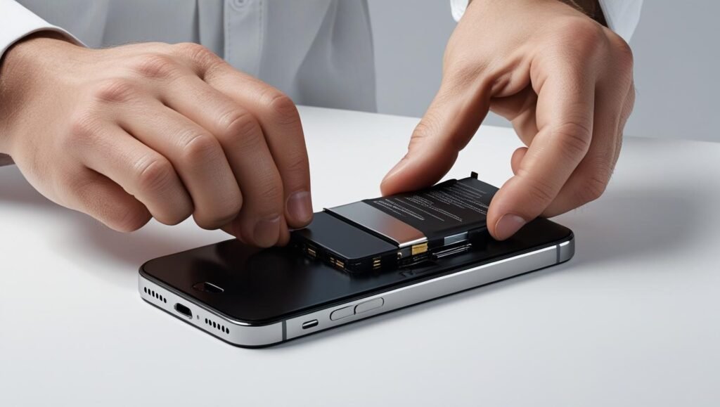 Phone battery being replaced by a technician’s hand, realistic style but clean background, minimal props
