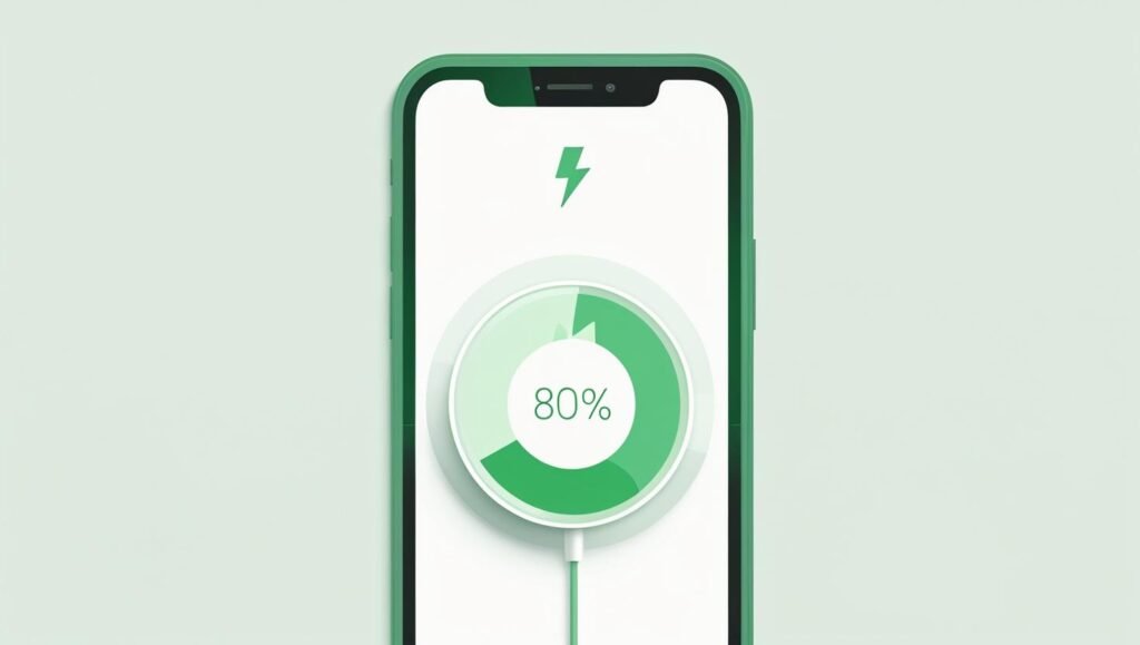 Phone charging from 20% to 80% only, with a calm green charging animation, no cables clutter, clean flat design style
