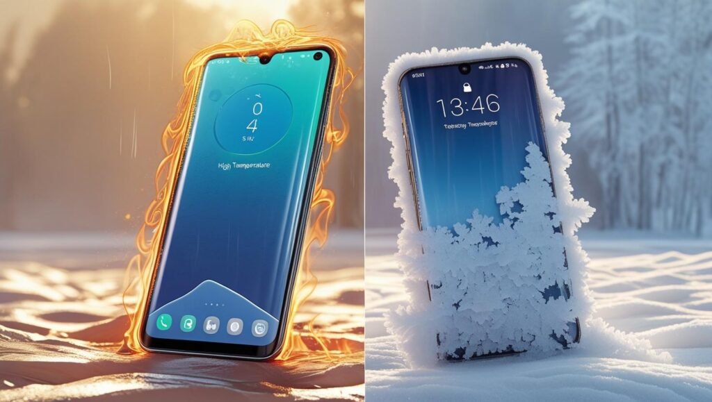Phone overheating in sunlight and another phone in freezing snow, split-screen comparison, high detail, realistic style, minimal distractions