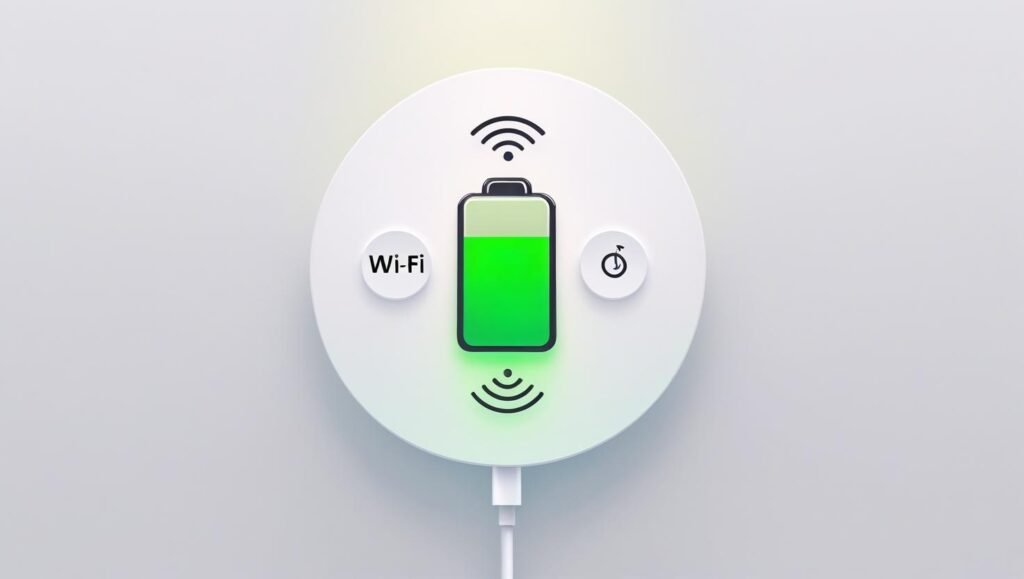 Phone settings screen showing Wi-Fi, Bluetooth, and GPS toggled off, clean and minimal flat design, battery icon glowing green