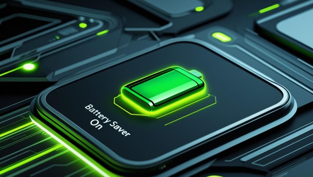 Prompt__Phone interface with “Battery Saver On” icon, clean futuristic UI style, glowing green battery, tech infographic look
