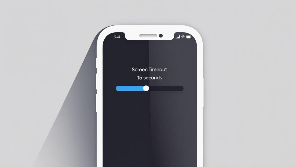 Settings screen showing screen timeout set to 15 seconds, phone fading to black, clean vector design style