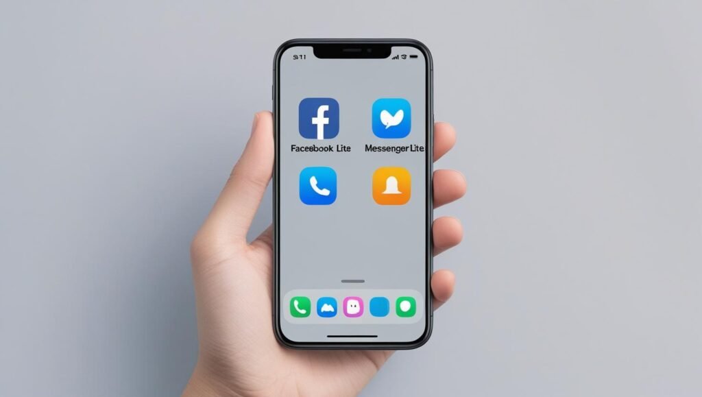 Smartphone showing “Lite” app icons like Facebook Lite and Messenger Lite, simple UI layout, minimal background