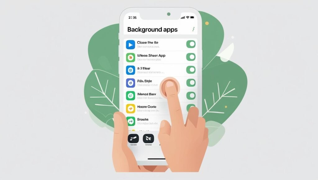 Smartphone showing a background apps list, user closing unnecessary apps, flat vector tech illustration, white and green color scheme