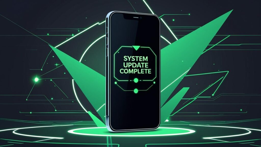 Smartphone with “System Update Complete” message, futuristic tech background, flat illustration with green accents