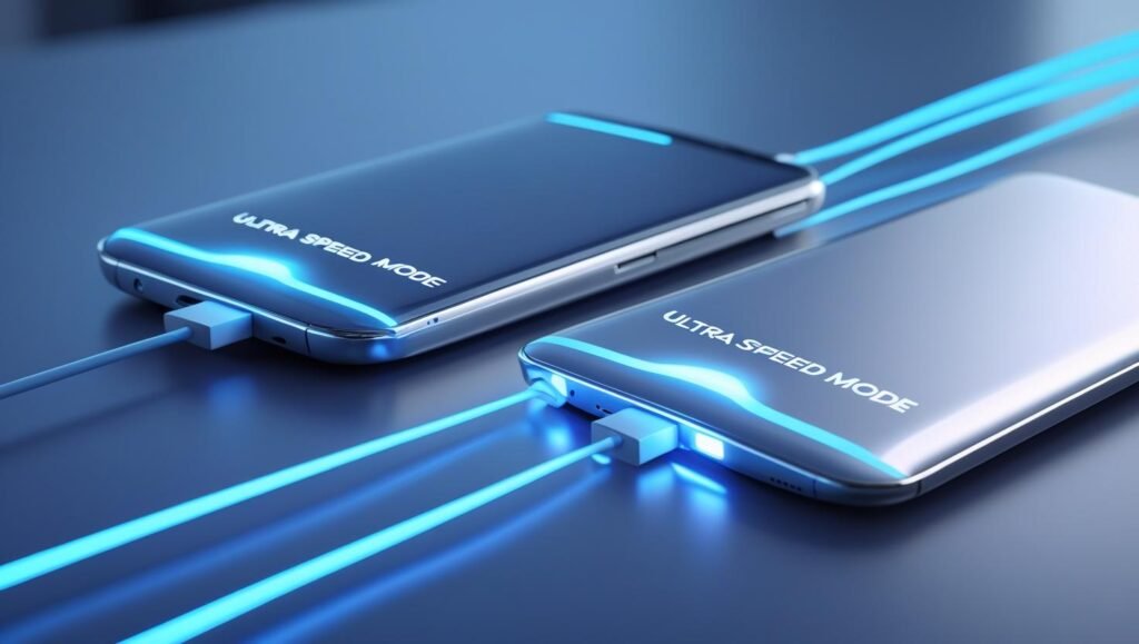 Two Android phones transferring files with glowing fast data lines between them, Ultra Speed Mode highlighted, tech futuristic blue light effect, 2025 clean style.
