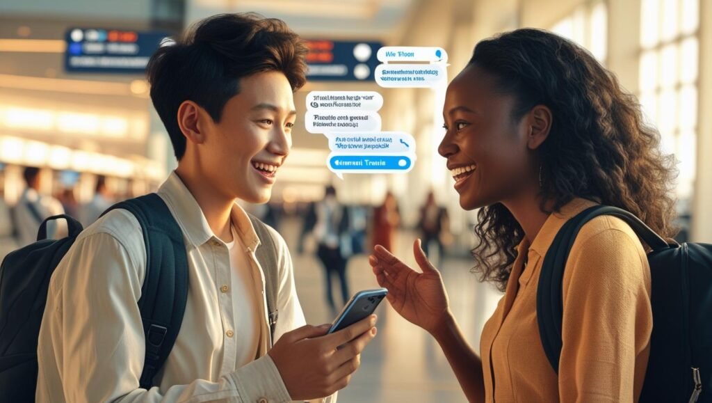 Two people communicating in different languages via Android phone with Live Translate on screen, showing real-time translation bubbles, no internet icon, travel background, 2025 design.